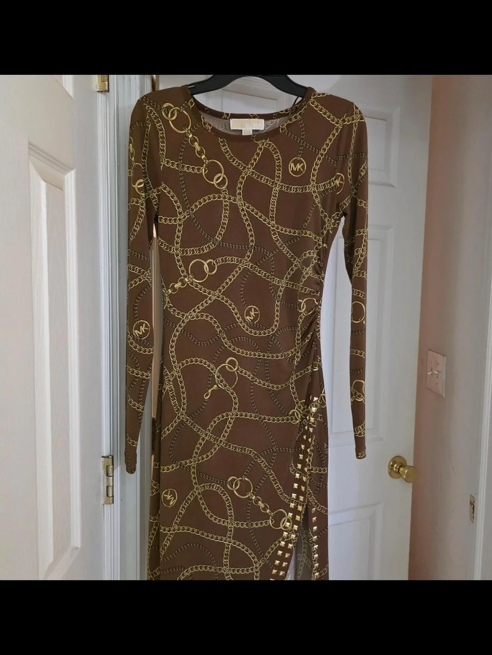 Michael Kors Brown Dress with Gold Chain Print - Long Sleeve